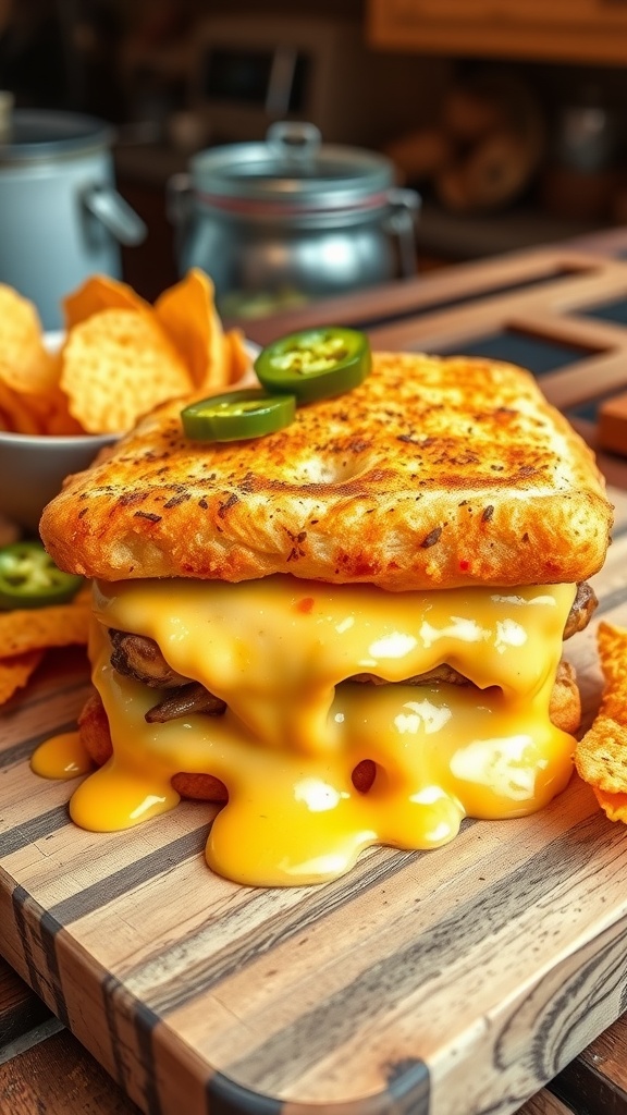 Crispy sandwich filled with creamy queso, garnished with jalapeños, served with tortilla chips.